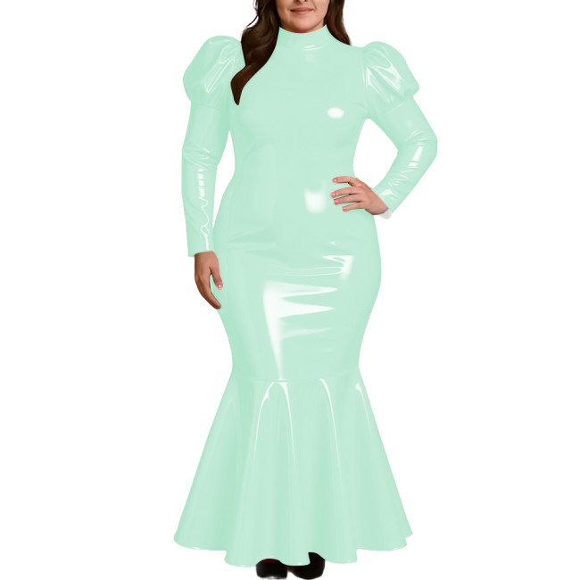 Plus Size Elegant High Neck Long Mermaid Dress for Womens Glossy PVC Leather Ruffles Slim Fit Dress Coctail Party Club Vestidos