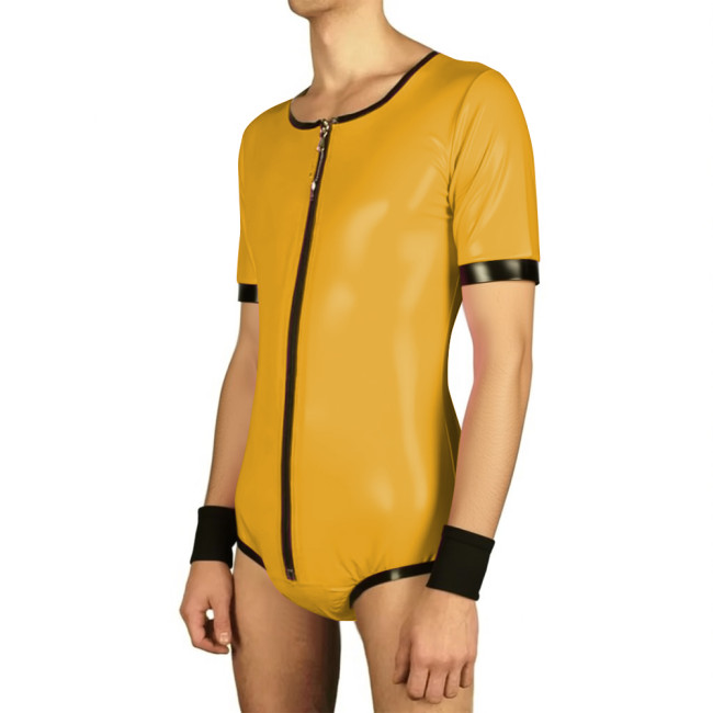Mens Short Sleeve Lockable Leotard Wetlook Cosplay Bodysuit Vinyl PVC Leather Undershirt Rompers Male Clubwear Zipper Slim Tops