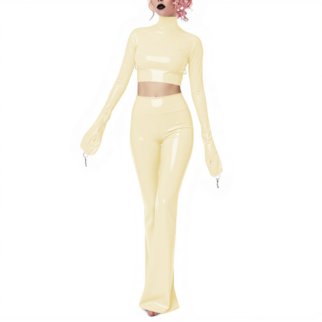 Fetish Gothic Latex-look Pants Set Vinyl PVC Leather Club 2 Piece Outfits Full Sleeve Slim Crop Top High Waist Long Flared Pant