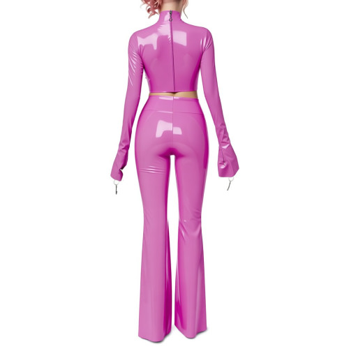 Fetish Gothic Latex-look Pants Set Vinyl PVC Leather Club 2 Piece Outfits Full Sleeve Slim Crop Top High Waist Long Flared Pant