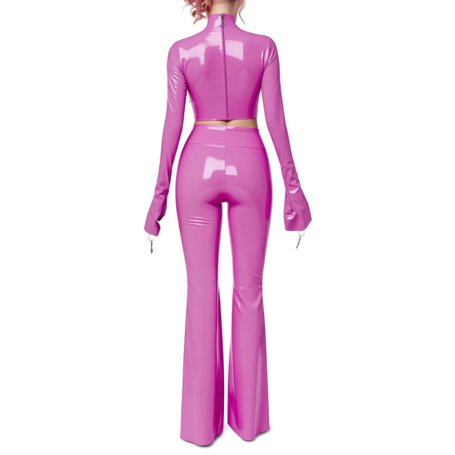 Fetish Gothic Latex-look Pants Set Vinyl PVC Leather Club 2 Piece Outfits Full Sleeve Slim Crop Top High Waist Long Flared Pant