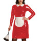 Womens Party Cosplay Maid Uniform Wetlook PVC Leather Long Sleeve Bodycon Maid Dress with Apron Festival Role Play Costumes