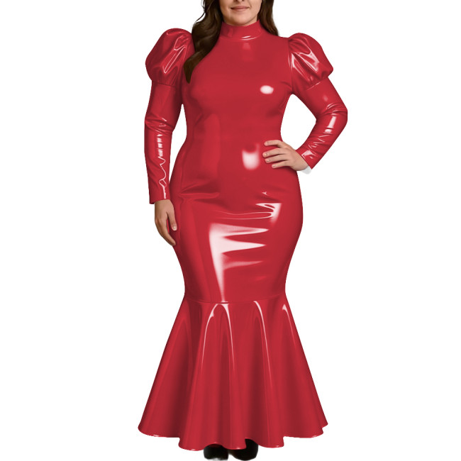 Plus Size Elegant High Neck Long Mermaid Dress for Womens Glossy PVC Leather Ruffles Slim Fit Dress Coctail Party Club Vestidos