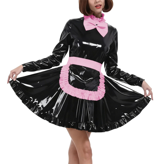 Elegant Bow Maid Uniforms Lockable Glossy PVC Leather Long Sleeve Maid Dresses with Apron Crossdresser Role Play Maid Costume