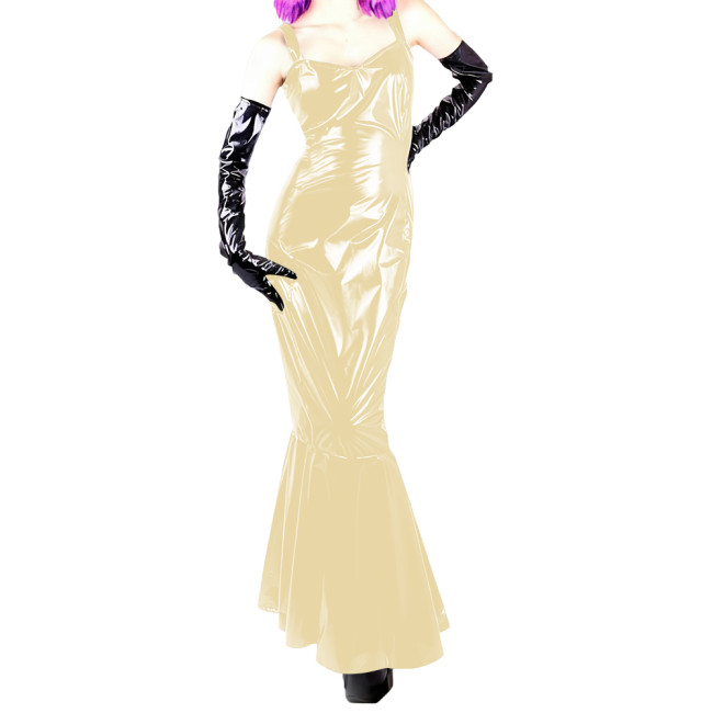 Womens Sexy PVC Glossy Leather Sling Long Dress Nightclub Wetlook Sleeveless Off-shoulder Slim Mermaid Dress Evening Party Gowns