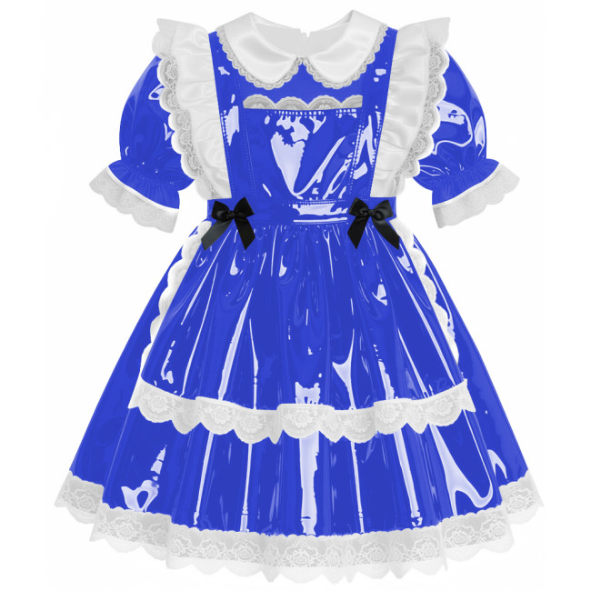 Sweet Preppy Glossy Lace Trims A-line Maid Dress Lockable PVC Leather Mini Dress with Apron Sissy Party Role Play Maid Uniform