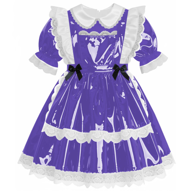 Sweet Preppy Glossy Lace Trims A-line Maid Dress Lockable PVC Leather Mini Dress with Apron Sissy Party Role Play Maid Uniform