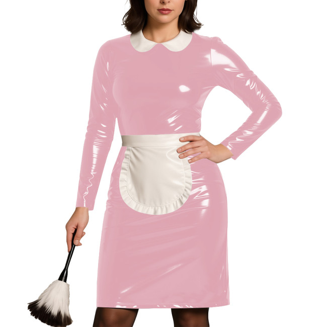 Womens Party Cosplay Maid Uniform Wetlook PVC Leather Long Sleeve Bodycon Maid Dress with Apron Festival Role Play Costumes