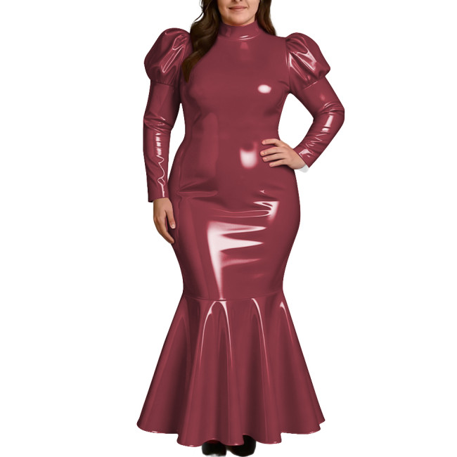 Plus Size Elegant High Neck Long Mermaid Dress for Womens Glossy PVC Leather Ruffles Slim Fit Dress Coctail Party Club Vestidos