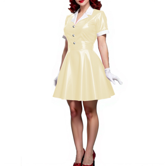 Wet Look Patent Leather A-line Mini Dress Turn-down Collar Short Sleeve Button Up Pleated Short Dress PVC Shiny Vestido Clubwear