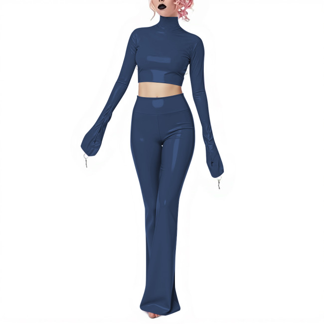 Fetish Gothic Latex-look Pants Set Vinyl PVC Leather Club 2 Piece Outfits Full Sleeve Slim Crop Top High Waist Long Flared Pant