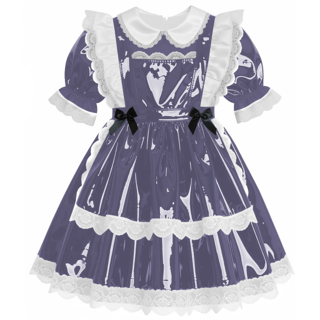 Sweet Preppy Glossy Lace Trims A-line Maid Dress Lockable PVC Leather Mini Dress with Apron Sissy Party Role Play Maid Uniform
