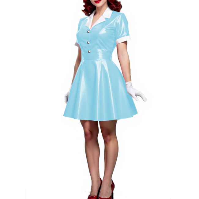 Wet Look Patent Leather A-line Mini Dress Turn-down Collar Short Sleeve Button Up Pleated Short Dress PVC Shiny Vestido Clubwear