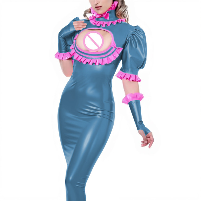 Sexy Ladies Wet Look Bodycon Long Dress Cocktail PVC Shiny Leather Hollow Tight Dress Puff Short Sleeve Ruffles Collar Clubwear