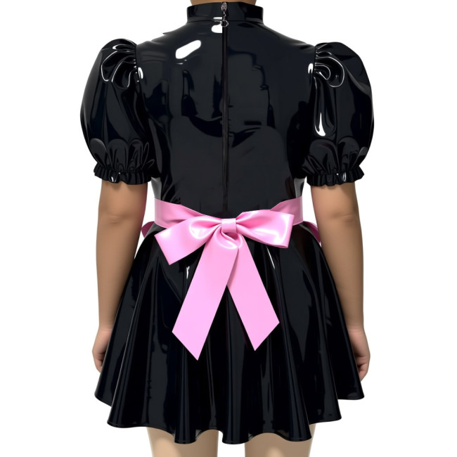 New Sissy PVC Puff Short Sleeve Maid Dress Outfits Wetlook Sissy Cosplay High Neck Maid Set Halloween Carnival Party Costume