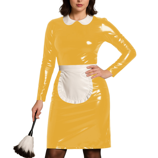 Womens Party Cosplay Maid Uniform Wetlook PVC Leather Long Sleeve Bodycon Maid Dress with Apron Festival Role Play Costumes