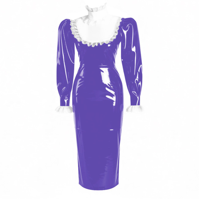 Ruffles Lace High Neck Lolita Long Pencil Dress With Lock Elegant Women Puff Long Sleeve PVC Shiny Leather Slim Party Dresses