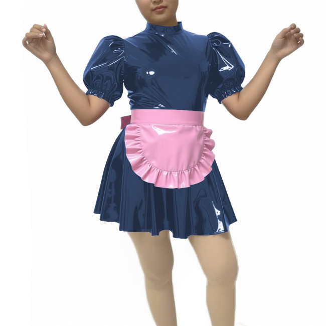 New Sissy PVC Puff Short Sleeve Maid Dress Outfits Wetlook Sissy Cosplay High Neck Maid Set Halloween Carnival Party Costume