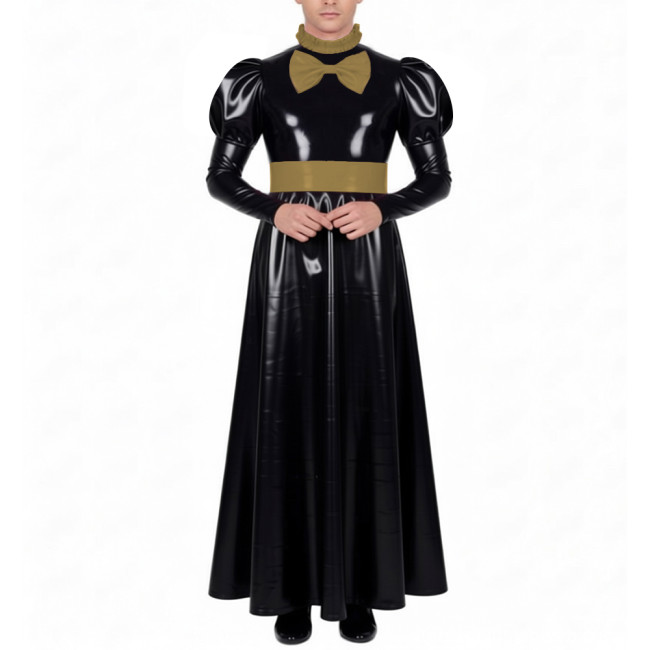Mens Sissy Crossdress Long Maid Dresses with Lock Lolita Bow Vinyl PVC Leather Maid Dress Outfits Party Servant Cosplay Costume
