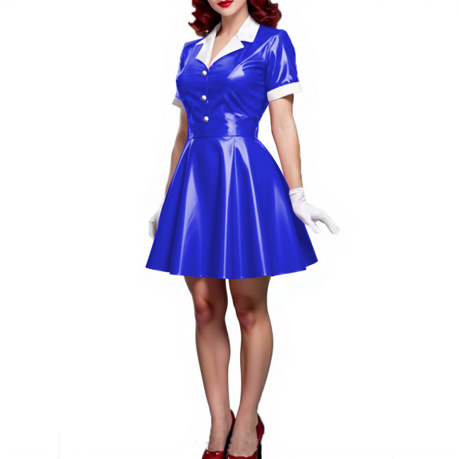 Wet Look Patent Leather A-line Mini Dress Turn-down Collar Short Sleeve Button Up Pleated Short Dress PVC Shiny Vestido Clubwear