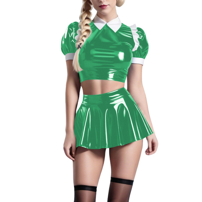Womens Glossy Turn-down Collar Crop Tops with Pleated Mini Skirt PVC Vinyl Leather Dress Outfits Raves Party Dance Two Piece Set
