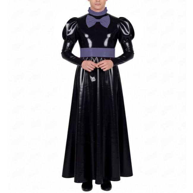 Mens Sissy Crossdress Long Maid Dresses with Lock Lolita Bow Vinyl PVC Leather Maid Dress Outfits Party Servant Cosplay Costume