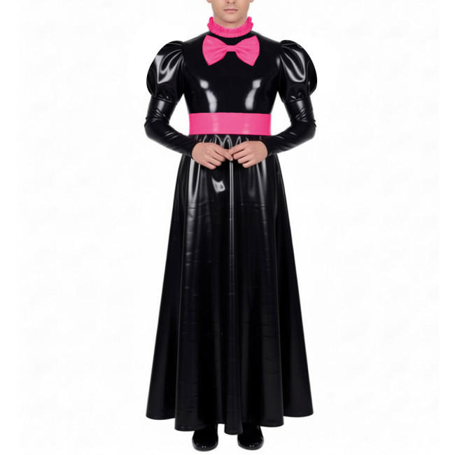 Mens Sissy Crossdress Long Maid Dresses with Lock Lolita Bow Vinyl PVC Leather Maid Dress Outfits Party Servant Cosplay Costume