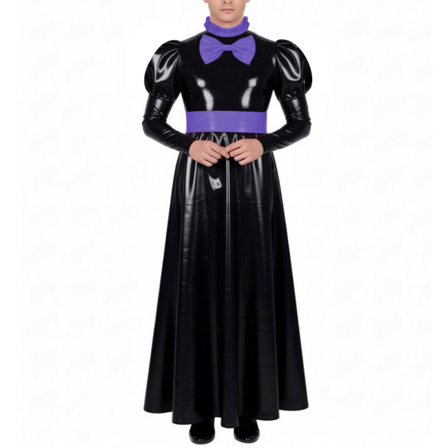 Mens Sissy Crossdress Long Maid Dresses with Lock Lolita Bow Vinyl PVC Leather Maid Dress Outfits Party Servant Cosplay Costume