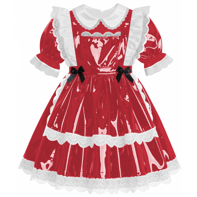 Sweet Preppy Glossy Lace Trims A-line Maid Dress Lockable PVC Leather Mini Dress with Apron Sissy Party Role Play Maid Uniform