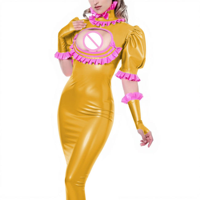 Sexy Ladies Wet Look Bodycon Long Dress Cocktail PVC Shiny Leather Hollow Tight Dress Puff Short Sleeve Ruffles Collar Clubwear