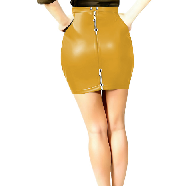 Womens Sexy Tight Miniskirt Lockable Zipper Closure PU Matte Leather Bodycon Skirts Female Sheath Short Skirts Club Party Wear