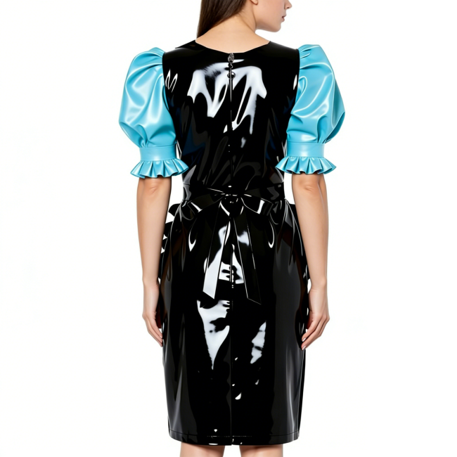 Puff Short-Sleeved Elegant Maid Dress Sexy Party Shiny PVC Women V-neck Colorblock Bodycon Maid Dress with Apron Cosplay Outfits