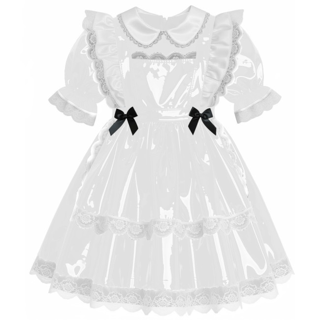 Sweet Preppy Glossy Lace Trims A-line Maid Dress Lockable PVC Leather Mini Dress with Apron Sissy Party Role Play Maid Uniform