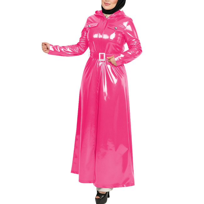 Plus Size Gothic Hooded Long Dress Full Sleeves Pockets Wetlook Trench Coat with Belt Womens PVC Shiny Maxi Jacket Overcoat Tops