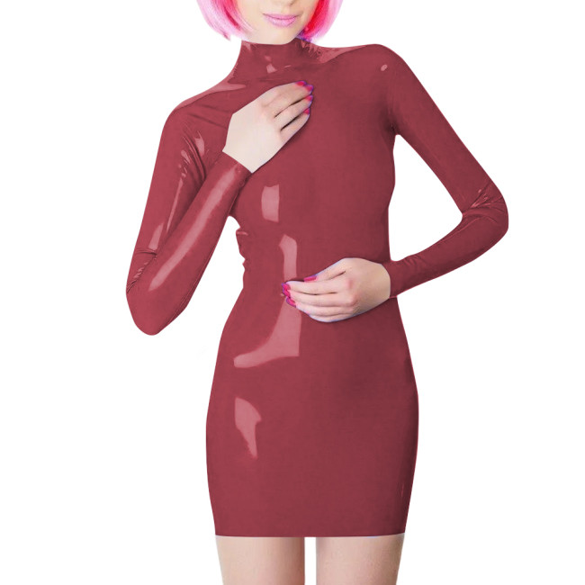 Plus Size Long Sleeve Bodycon Mini Dress PVC Leather High Neck Solid Slim Fit Short Dressses Elegant Women's Dress Streetwear