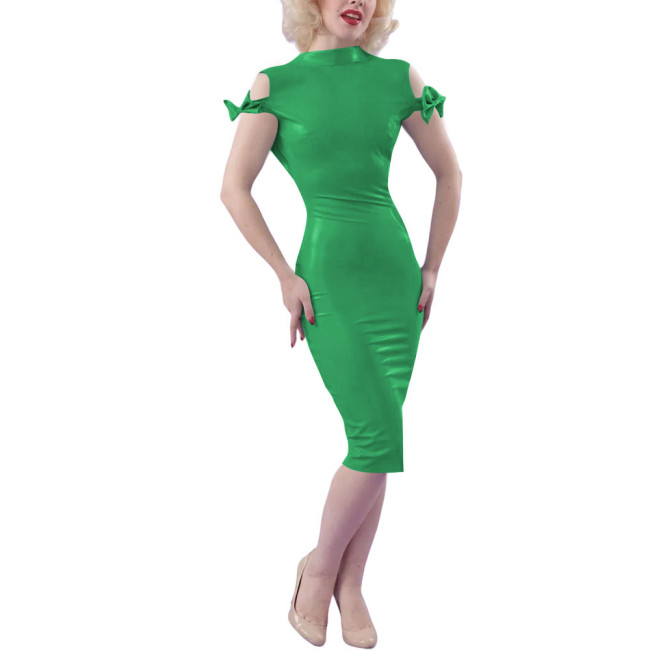 Ladies Sexy Bodycon Midi Party Dress Women Elegant Classic PVC Shiny Tight Dress Wetlook Outfit Bow Short Sleeve Skinny Dress