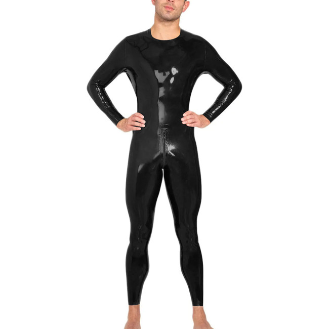 Mens Long Sleeves Bodycon Catsuit Glossy PVC Leather O-neck Tight Jumpsuit Raves Party Cosplay Bodysuit Zipper Crotch Clubwear