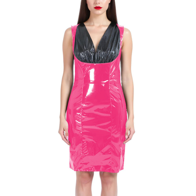 Sexy Knee-length Dresses Fashion Black Splice V-neck Slim Fit Club Dress PVC Shiny Leather Sleeveless Dress Women Streetwear