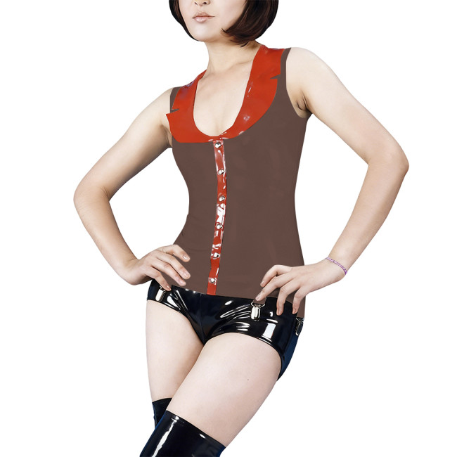 Women Wetlook PVC Leather Sleeveless Shirts Sexy Turn-down Collar Single Breasted Slim Tank Top for Club Party Festival Raves