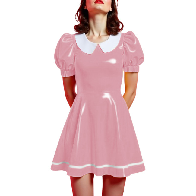 Peter Pan Collar Mini Vintage Swing Dresses Glossy PVC Leather Puff Sleeve A-line Short Dress Women Elegant Preppy Style Dress