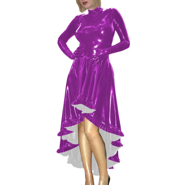 Coctail Party Glossy High Low Swing Dresses Vintage PVC Shiny Leather Women Pleated Gloved Dress Carnival Vestidos Plus Size