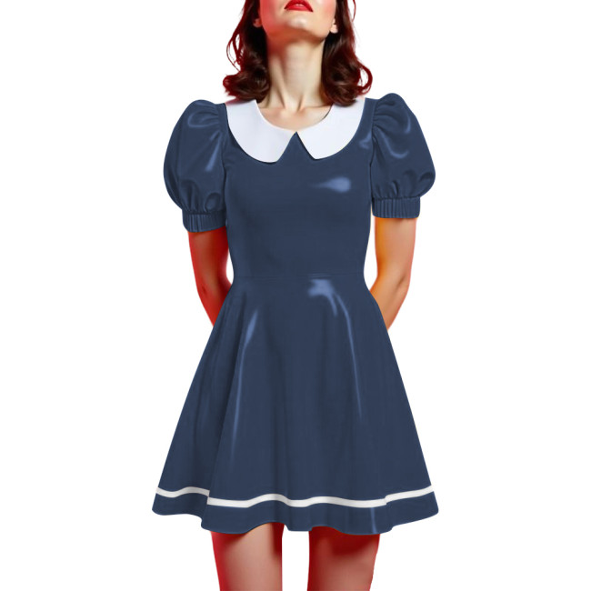 Peter Pan Collar Mini Vintage Swing Dresses Glossy PVC Leather Puff Sleeve A-line Short Dress Women Elegant Preppy Style Dress