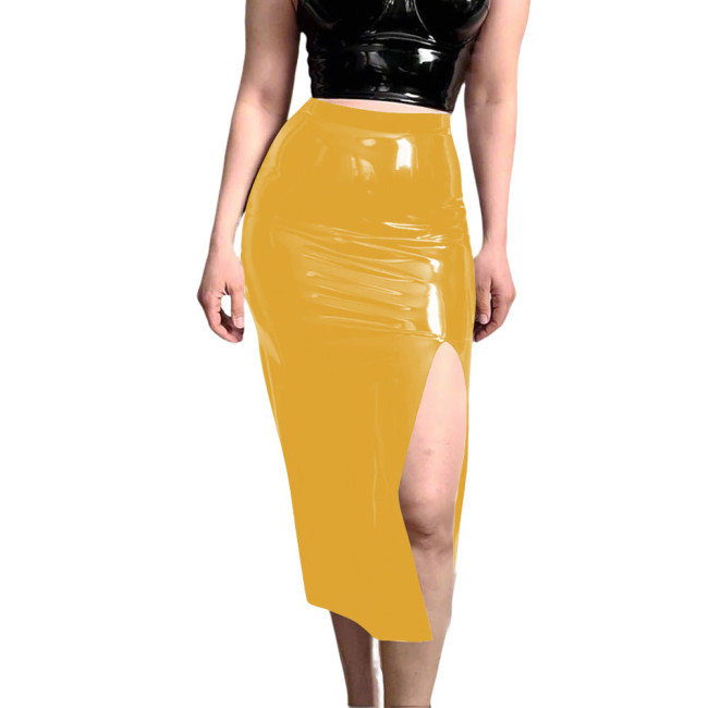 PVC Glossy Leather Midi Skirt Women Sexy Side High Split Tight Skirt Ladies Sexy Elegant Office Bodycon Skirt Party Club Wear
