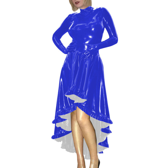 Coctail Party Glossy High Low Swing Dresses Vintage PVC Shiny Leather Women Pleated Gloved Dress Carnival Vestidos Plus Size
