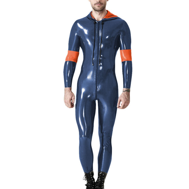 Mens Long Sleeve Patchwork Hoodies Pants Romper Male Wetlook PVC Leather Catsuit Party Zip Up Cosplay Bodysuit Casual Jumpsuit