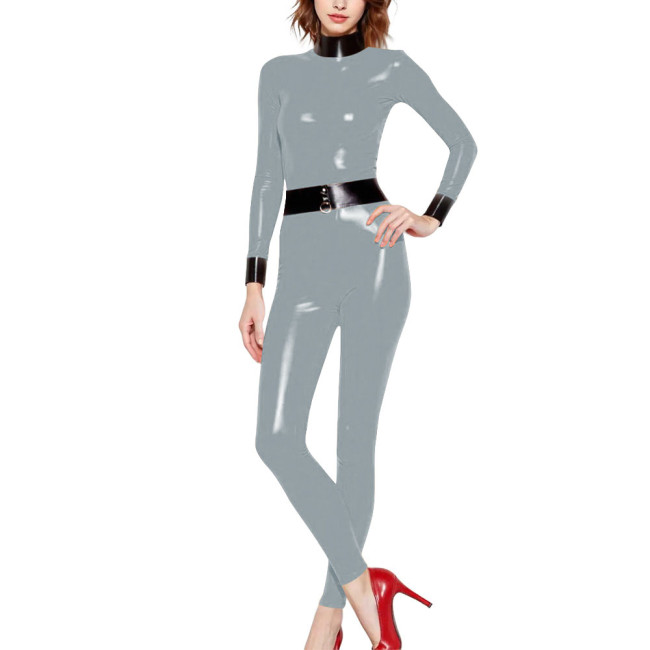 Sexy Shiny PVC Leather High Neck Catsuit Wetlook Patchwork Cosplay Party Bodysuit Women Sexy Jumpsuit Zipper Back Club Zentai