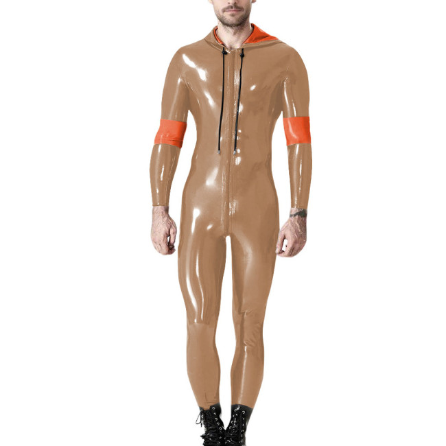 Mens Long Sleeve Patchwork Hoodies Pants Romper Male Wetlook PVC Leather Catsuit Party Zip Up Cosplay Bodysuit Casual Jumpsuit