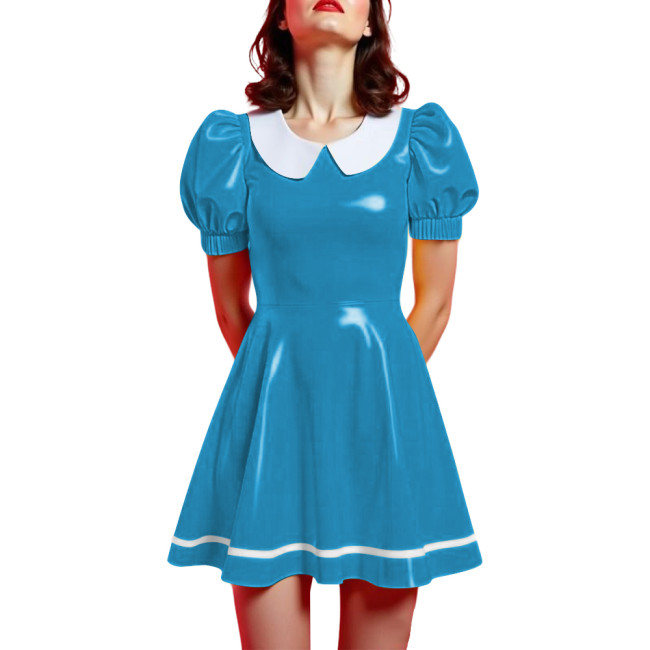 Peter Pan Collar Mini Vintage Swing Dresses Glossy PVC Leather Puff Sleeve A-line Short Dress Women Elegant Preppy Style Dress