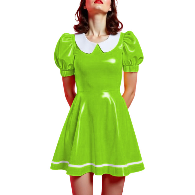 Peter Pan Collar Mini Vintage Swing Dresses Glossy PVC Leather Puff Sleeve A-line Short Dress Women Elegant Preppy Style Dress