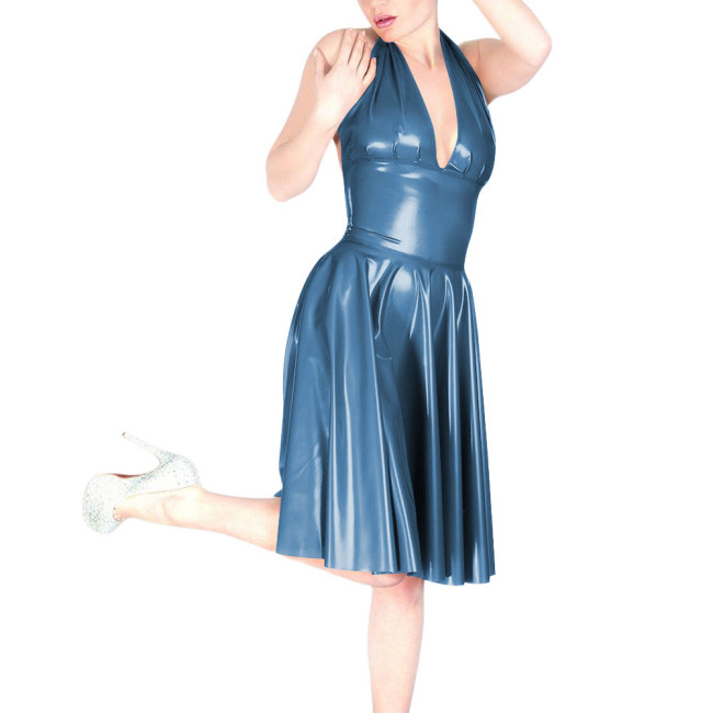 Ladies Chic Sexy Sleeveless Pleated PVC Dress for Coctail Party Outfits Women Halter V-Neck Shiny Faux Leather Knee-length Dress